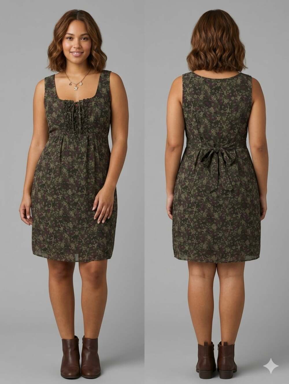 Converse One Star Olive Green Floral Lace-Up Tie-Back Dress Size L | Pre-Owned
